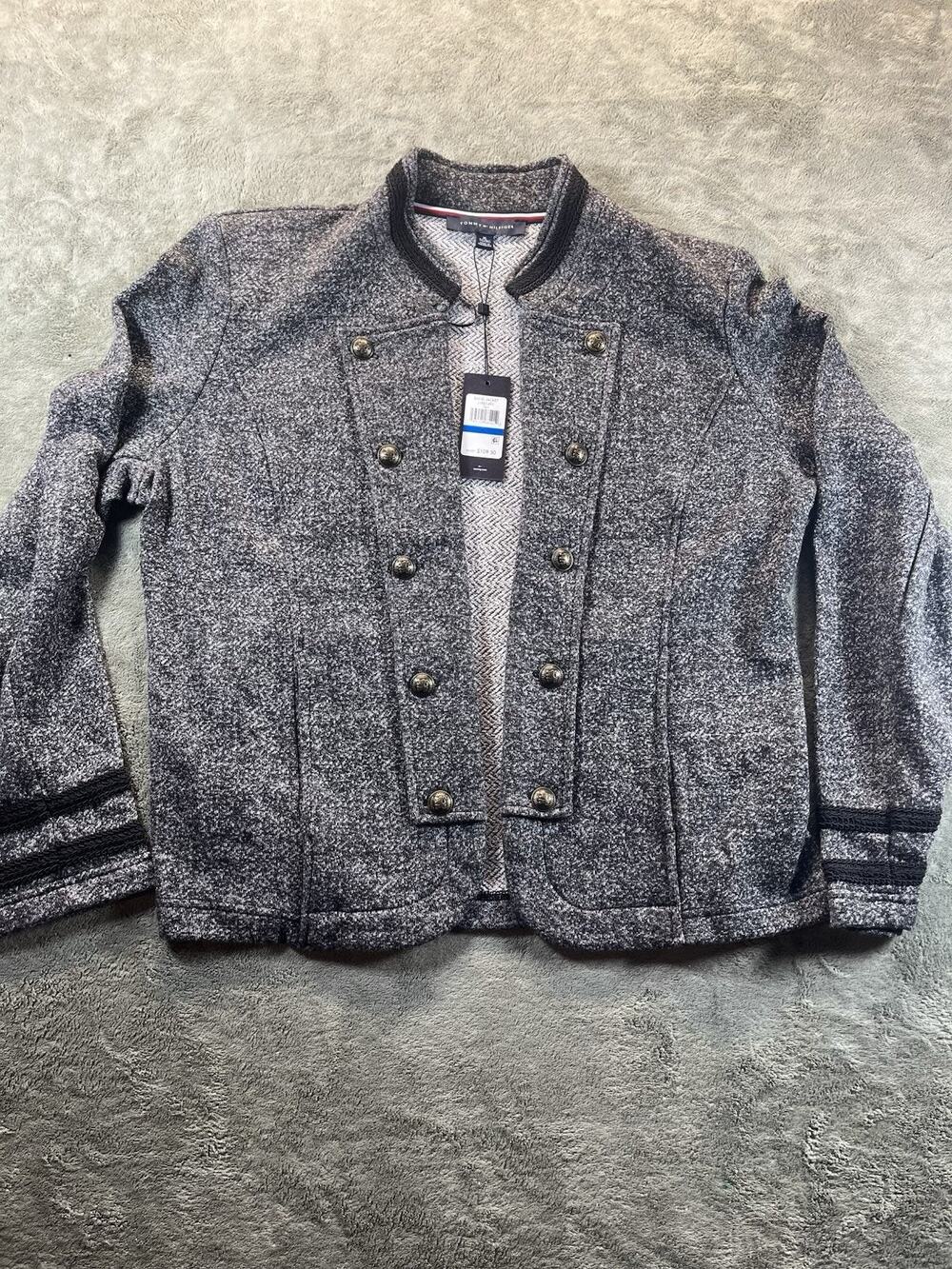 Tommy Hilfiger Women’s Band Military Jacket Gray Herringbone Button Pockets XL